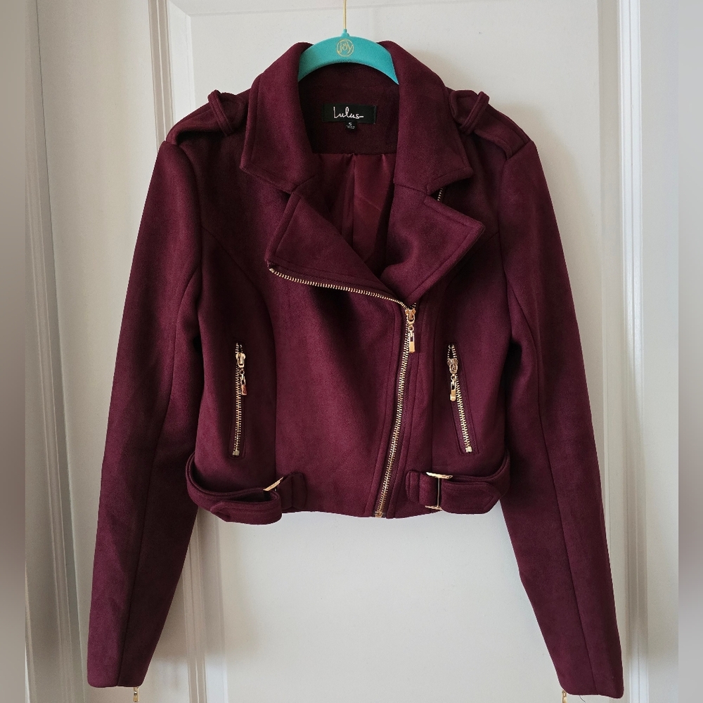 Lulu's Cropped Wine Moto Jacket